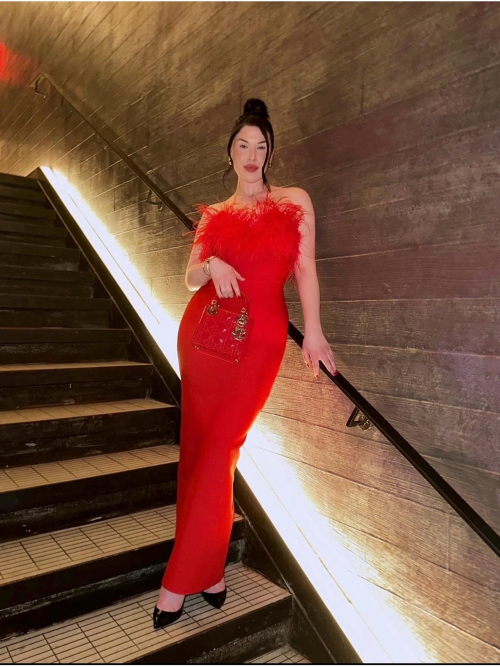 Lisa Maree - Feather Trim Maxi Dress in Red. Like New (Size Medium)